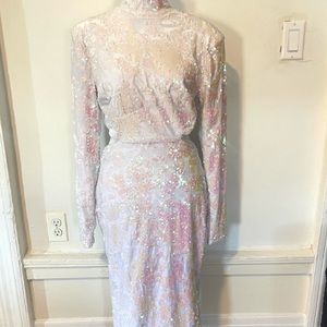 Iridescent white sequin velvet cutout dress